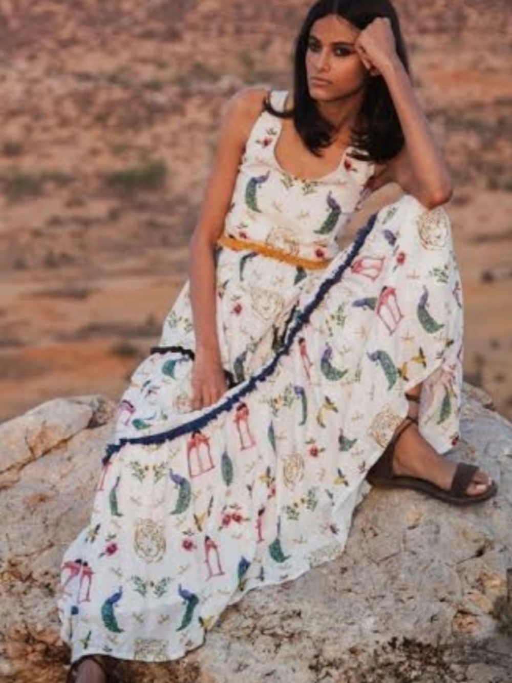 🌼B2G1🌼 Verandah Bohemian White Printed Maxi Dress Peacock Birdcage Print